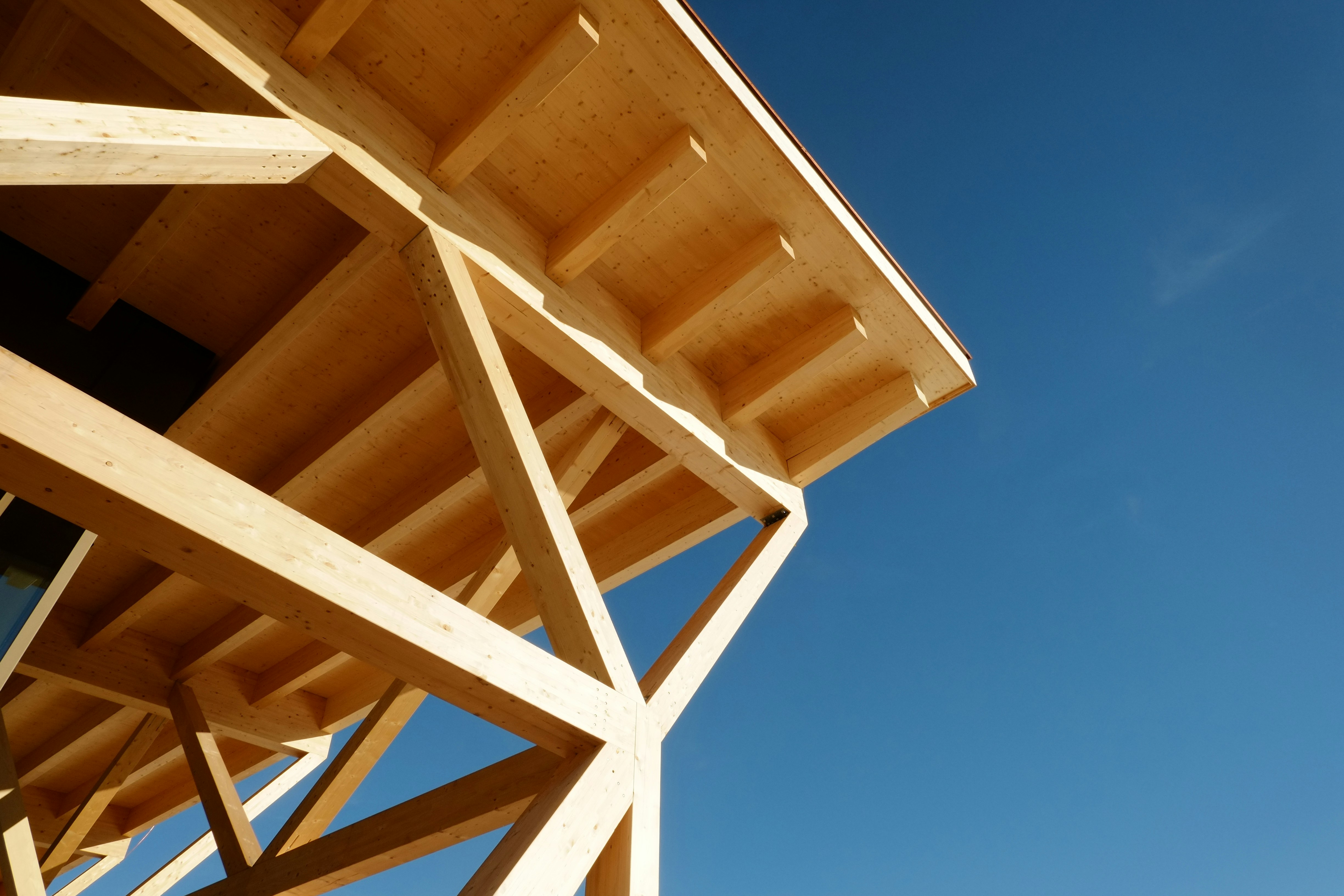 Ein Blick von unten auf eine Holzkonstruktion aus hellen Balken und Deckenbrettern vor blauem Himmel.